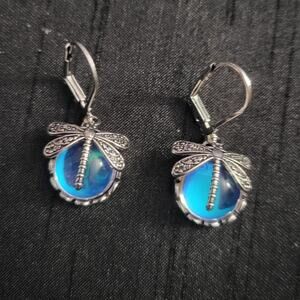 Silver tone and iridescent dragonfly drop earrings